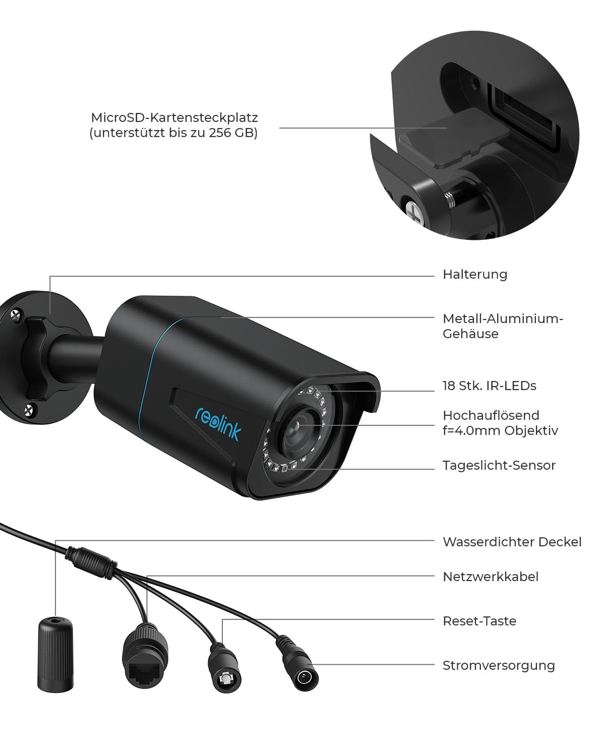 Reolink 4K Smarte PoE Überwachungskamera Aussen mit Personen-/Fahrzeug-/Tiererkennung, 8MP IP Kamera mit microSD Kartensteckplatz, Audio, IR Nachtsicht, Wasserfest, Zeitraffer, RLC-810A Schwarz