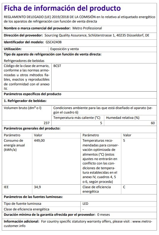 METRO Professional Getränkekühlschrank GSC4240, 237 L, 110 W, 6 verstellbaren Einlegeböden, schwarz
