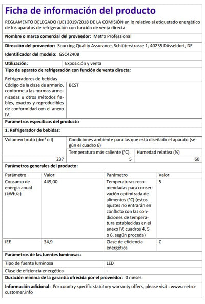 METRO Professional Getränkekühlschrank GSC4240, 237 L, 110 W, 6 verstellbaren Einlegeböden, schwarz