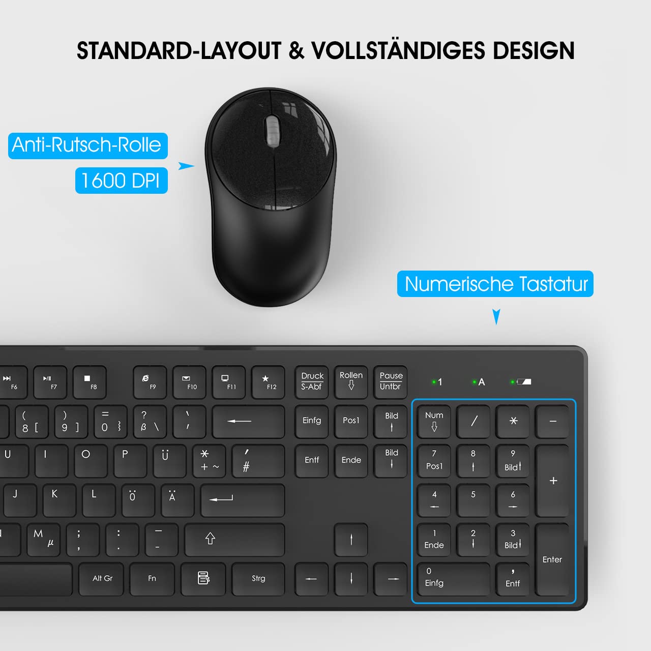 Tastatur Maus Kabellos, 2,4GHz Büro Maus Tastatur Set Kabellos mit USB, Tastatur in voller Größe, Leise Maus mit 1600DPI, für Windows, Desktop PC, Chromebook, Laptop, Computer(Deutsche/Schwarz)