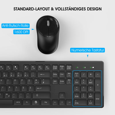 Tastatur Maus Kabellos, 2,4GHz Büro Maus Tastatur Set Kabellos mit USB, Tastatur in voller Größe, Leise Maus mit 1600DPI, für Windows, Desktop PC, Chromebook, Laptop, Computer(Deutsche/Schwarz)