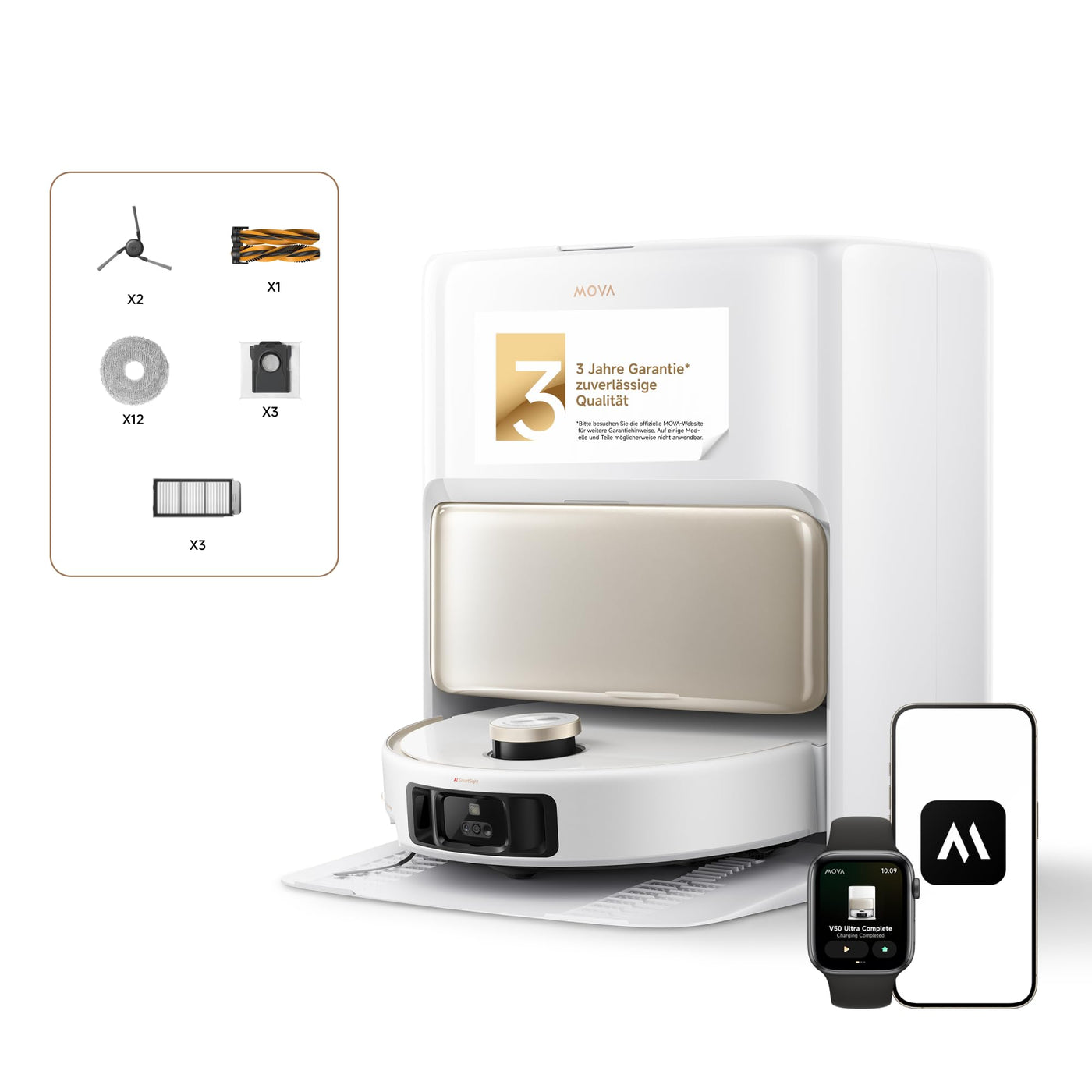 Mova V50 Ultra Complete Saugroboter mit Wischfunktion 24.000 Pa, 6cm Hindernisüberwindung, Liftable Navigation+RGB AI+LED, 80℃ Heißwasserwäsche & 63℃ Selbsttrocknung, DuoSolution System, Tricut Bürste