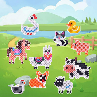 1000 Maxi XL 10mm Bügelperlen Set Bauernhof, 1 Maxi Stiftplatte, 1000 Bunte Bügelperlen, 10 Papiervorlagen, 3x Bügelpapier Kreativer Bastelspaß für Kinder ab 3 Jahren.