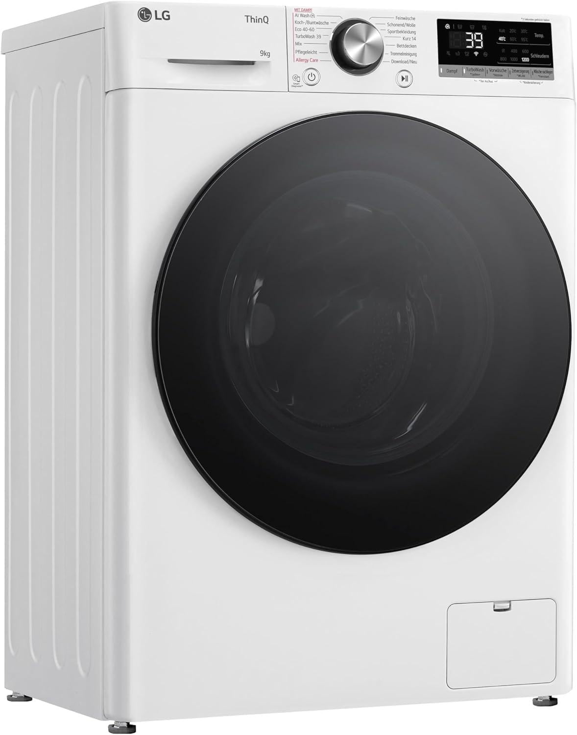 LG F2V7SLIM9, Klasse A, Waschmaschine Slim 9 kg, 60x47.5x85 cm, Wi-Fi, AI Direct Drive, Tiefenreinigung mit Dampf, TurboWash 360°, Außentür aus Gehärtetem Glas, Weiß mit Schwarzem Bullaugenring