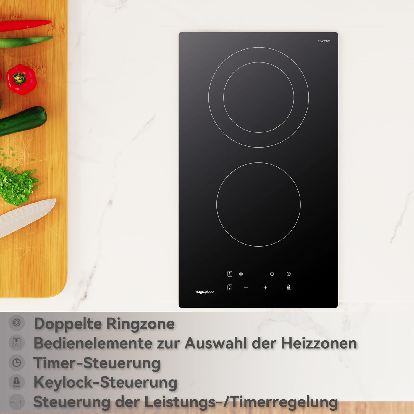 magicplux Glaskeramikkochfeld mit 2 kochfelder 29,5cm, 9 Heizstufen, Berührungssteuerung, Kindersicherung, Timer, Geeignet für alle Kochgeschirre, 3400W