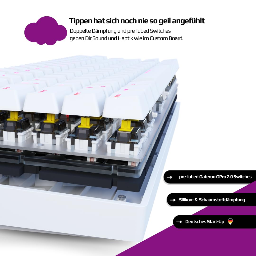 Nyfter - 75% Gaming Keyboard - NYFBOARD GEN2 Gaming Computer Tastatur mit Gateron Yellow Switches - HOT-SWAPPABLE mechanisch RGB-Hintergrundbeleuchtung ISO-DE Layout für Gamer (White, 75%)