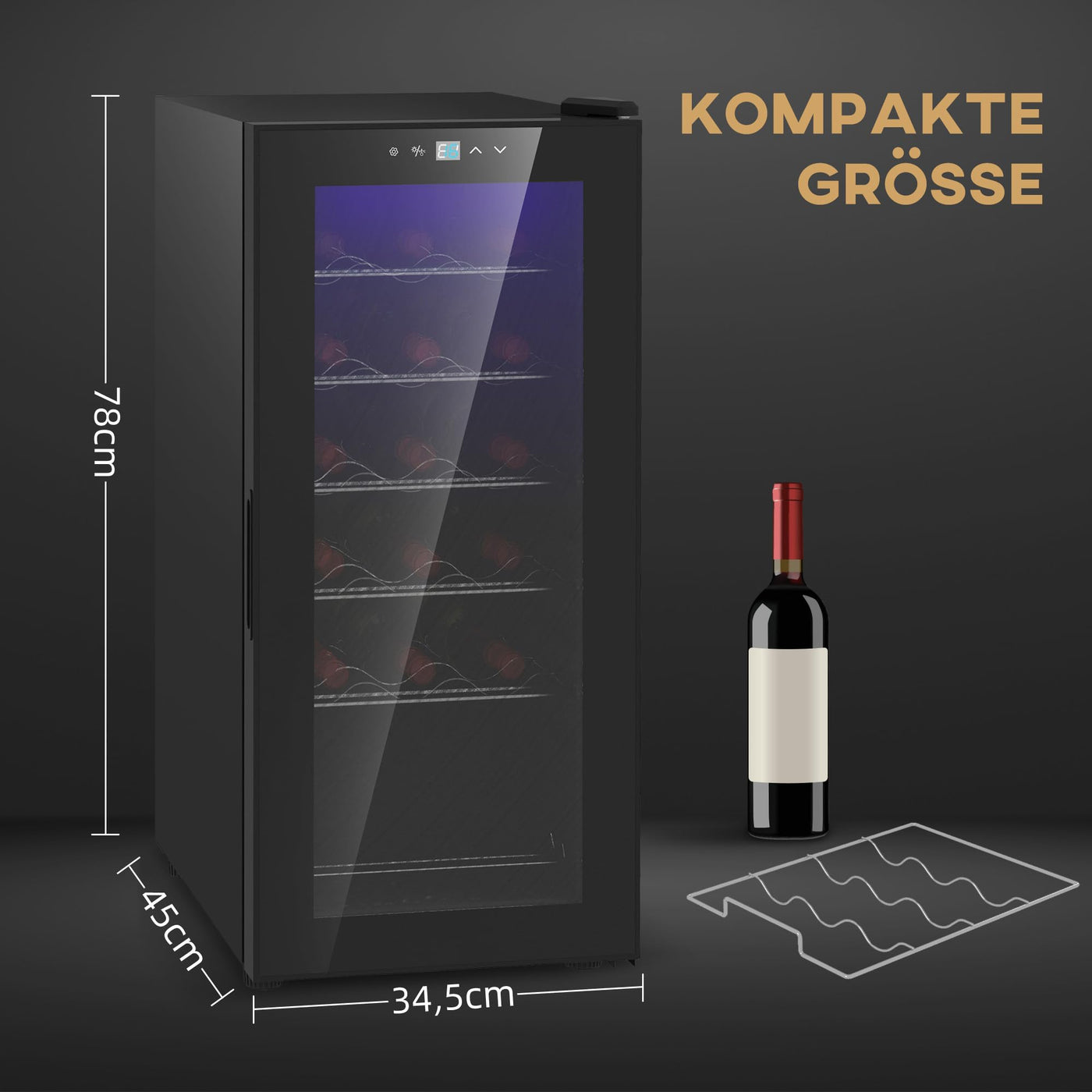 HOMCOM Weinkühlschrank Kompressor für 18 Flaschen, 50 L Getränkekühlschrank mit Glastür, 5-18°, Weinschrank mit Touchschlater, LED-Anzeige, Schwarz