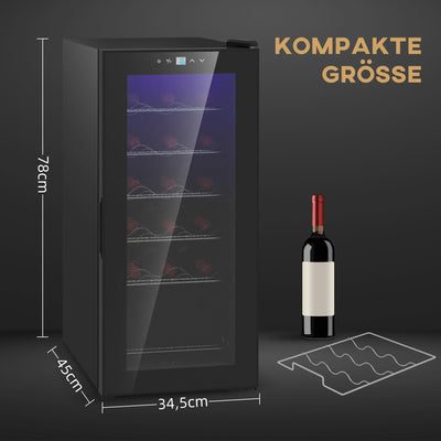 HOMCOM Weinkühlschrank Kompressor für 18 Flaschen, 50 L Getränkekühlschrank mit Glastür, 5-18°, Weinschrank mit Touchschlater, LED-Anzeige, Schwarz