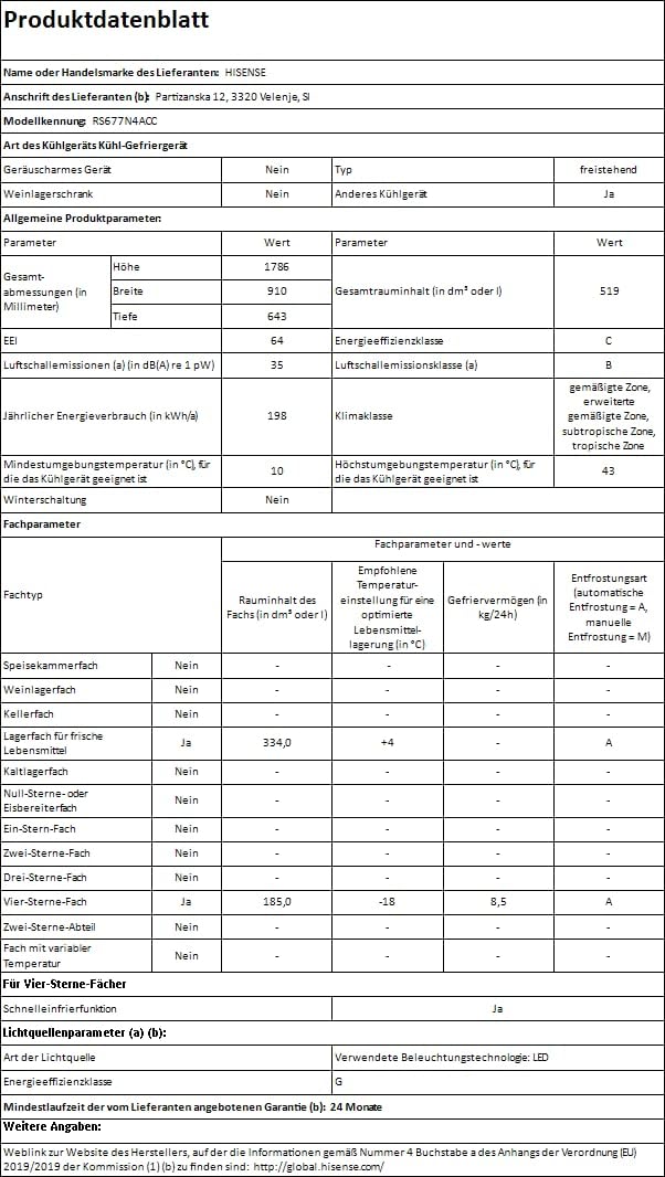 Hisense RS677N4ACC Side by Side Kühl-Gefrierkombination, 179cm, 519 Liter Gesamtkapazität, Multi Air Flow, LED Display, EEK: C, Electronic Touch Control, Inox Look