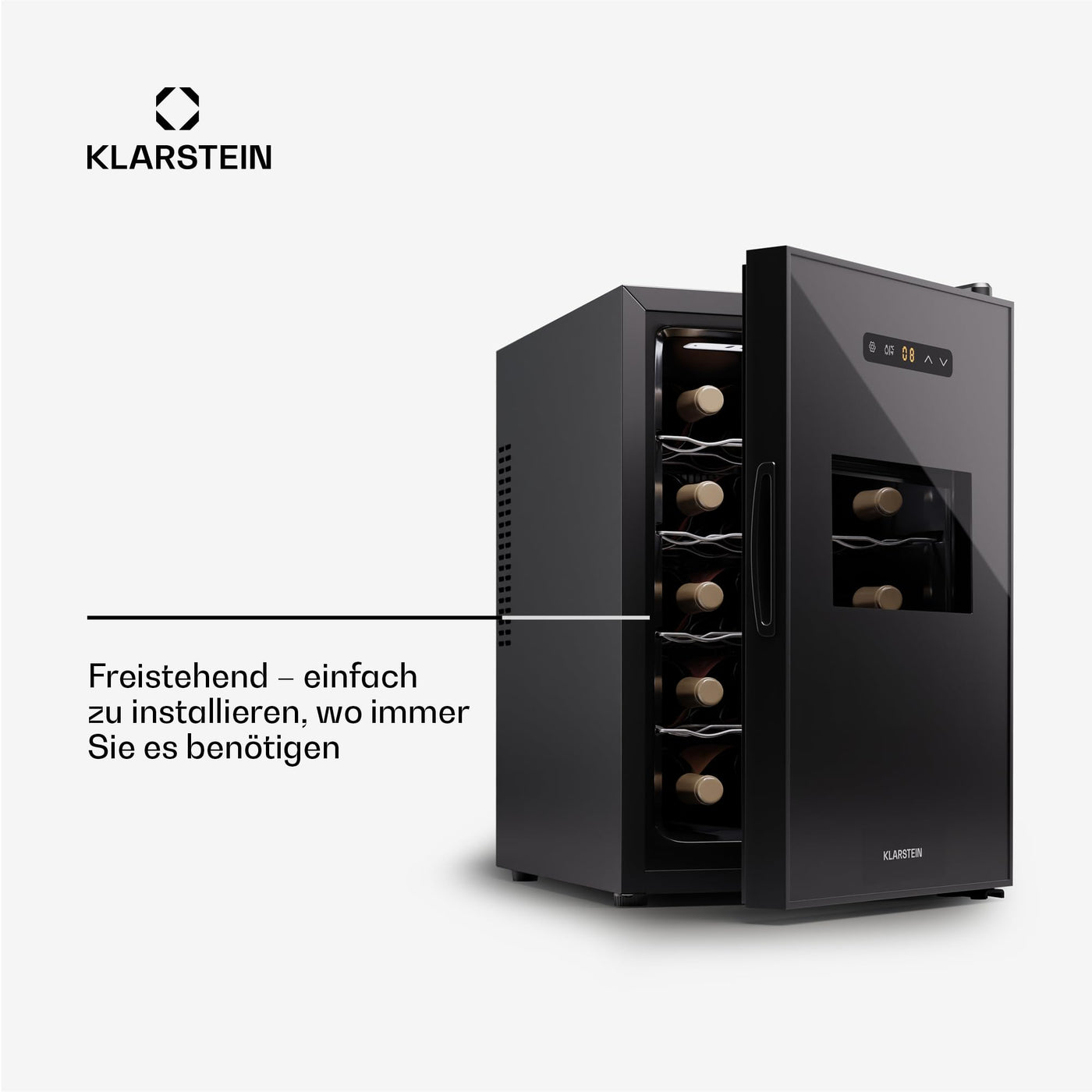 Klarstein Freistehender Weinkühlschrank 1 Zone, Getränkekühlschrank Klein, Kleiner Weinschrank, Wein-Kühlschrank Klein mit Glastür, Indoor/Outdoor Flaschenkühlschrank, Wine Fridge, 15 Flaschen
