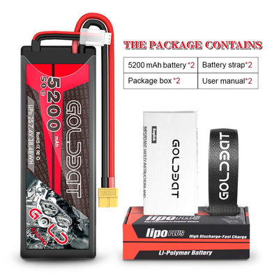 GOLDBAT 2S Lipo RC Akku 7,4V 50C 5200mAh LiPo Akku Hardcase Pack mit XT60 Stecker für RC Auto Evader RC Hubschrauber RC Truggy Buggy Evader BX Auto LKW Truck RC Hobby (2Packs)