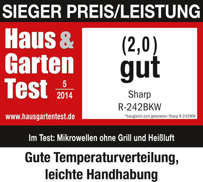 Sharp R242BKW Solo-Mikrowelle / 20 L / 800 W / 5 Leistungsstufen / 8 Automatikprogramme / Gewicht und zeitgesteuerte Auftauen / Kindersicherung / Energiesparmodus / Glasdrehteller (25,5 cm) / schwarz