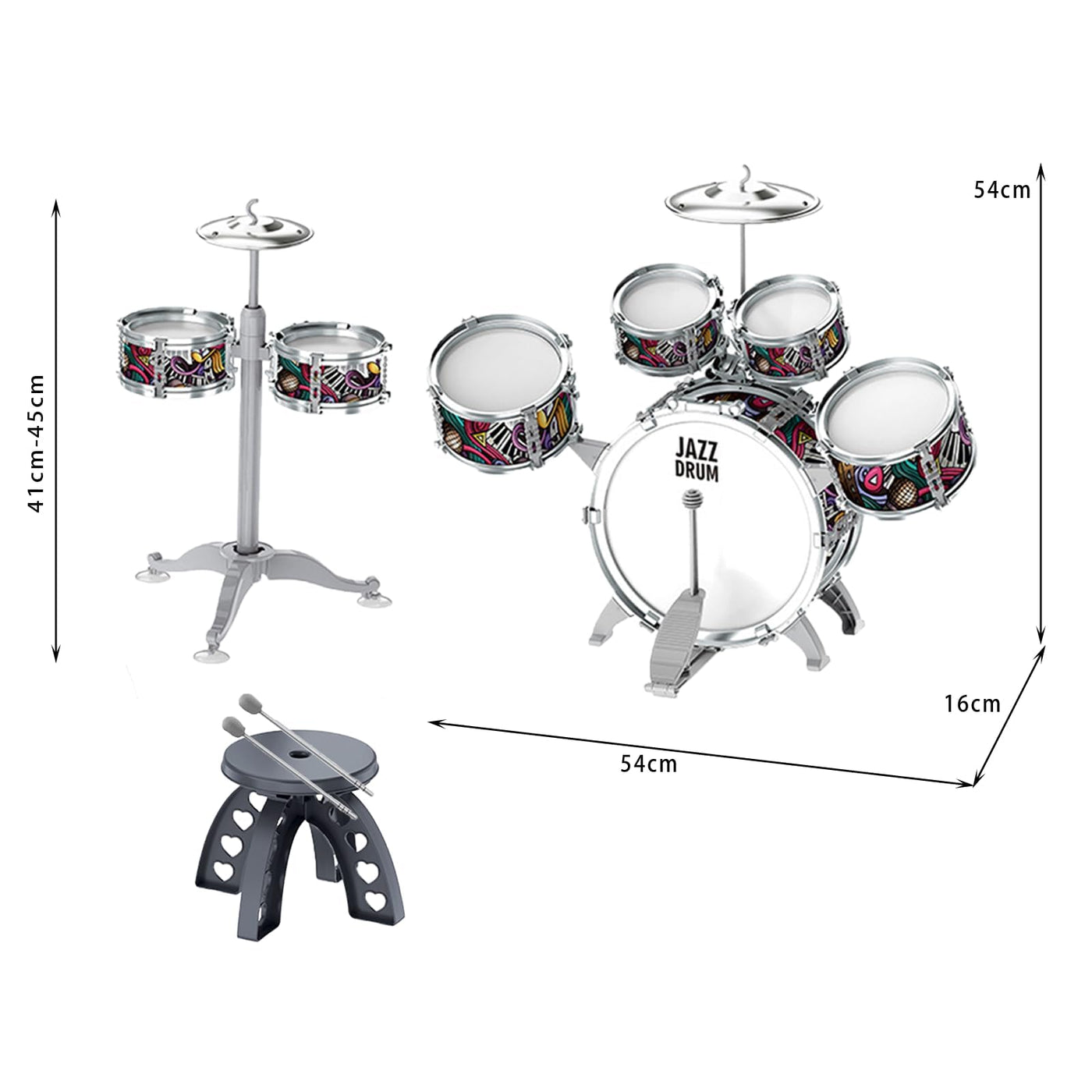 NUC Schlagzeug Kinder 7-teilig mit 2 Becken & Hocker - Trommel Set für Kinder ab 2, 3, 4, 5 Jahren - Musikinstrument, Leicht Aufzubauen & Platzsparend Geburtstag/Weihnachten