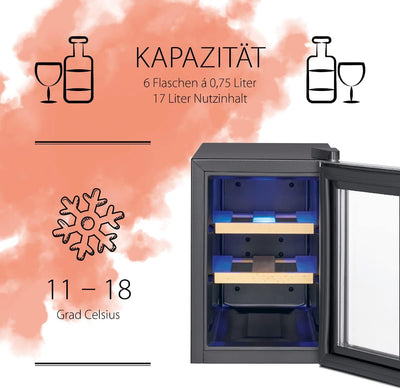 ProfiCook Weinkühlschrank | 6 Flaschen | Getränkekühlschrank | UV-beständige Glastür | Weinkühler | LED-Beleuchtung | 3 Lagerebenen - Davon 2 herausnehmbar | 11-18°C | PC-WK 1231