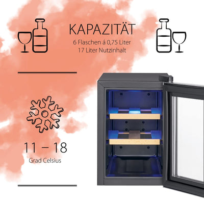 ProfiCook Weinkühlschrank | 6 Flaschen | Getränkekühlschrank | UV-beständige Glastür | Weinkühler | LED-Beleuchtung | 3 Lagerebenen - Davon 2 herausnehmbar | 11-18°C | PC-WK 1231