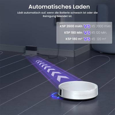 OKP Saugroboter, 5000Pa Staubsauger Roboter mit Präzise Entfernungsnavigation, 180Mins, HEPA-Filter, WLAN Roboterstaubsauger, Ideal für Tierhaare, Teppiche, Hartböden K5P