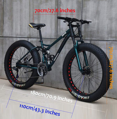 JXYQ 26 Zoll Mountainbikes, Fat Tire Mountain Trail Bike für Erwachsene, 21 Gang Fahrrad, Rahmen aus Kohlenstoffstahl mit doppelter Vollfederung und Doppelscheibenbremse (Cyan)