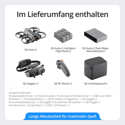 DJI Avata 2 Fly More Combo (3 Akkus), FPV-Drohne mit 4K-Kamera, 69 Minuten max. Flugzeit, Akrobatik auf Tastendruck, Kameradrohne mit Goggles 3 und RC Motion 3, mit Propellerschutz