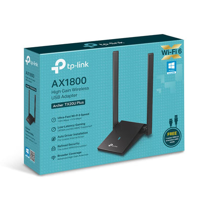 TP-Link Archer TX20U Plus WLAN Stick Für PC, WiFi 6 AX1800 Dual Band, USB 3.0, MU-MIMO, Antennen mit hoher Verstärkung, WPA3-Verschlüsselung, Kompatibel mit Windows 11/10, Schwarz, único