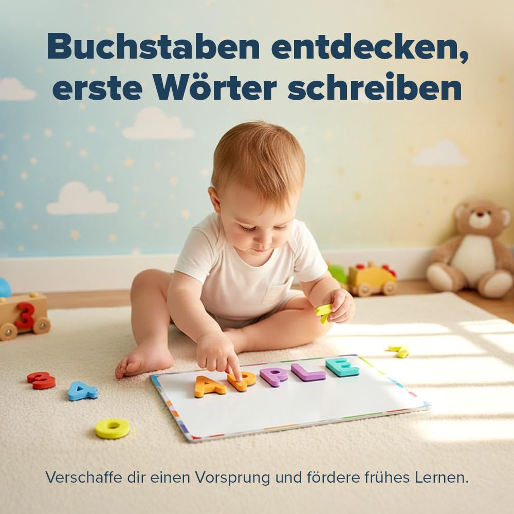Magnetische Buchstaben und Zahlen für Kinder – Das komplette Set: 182 Buchstaben und 81 Zahlen sowie Symbole – Kühlschrankmagneten – Beinhaltet 2 Boxen, Magnettafel, Stifte und Löschschwamm