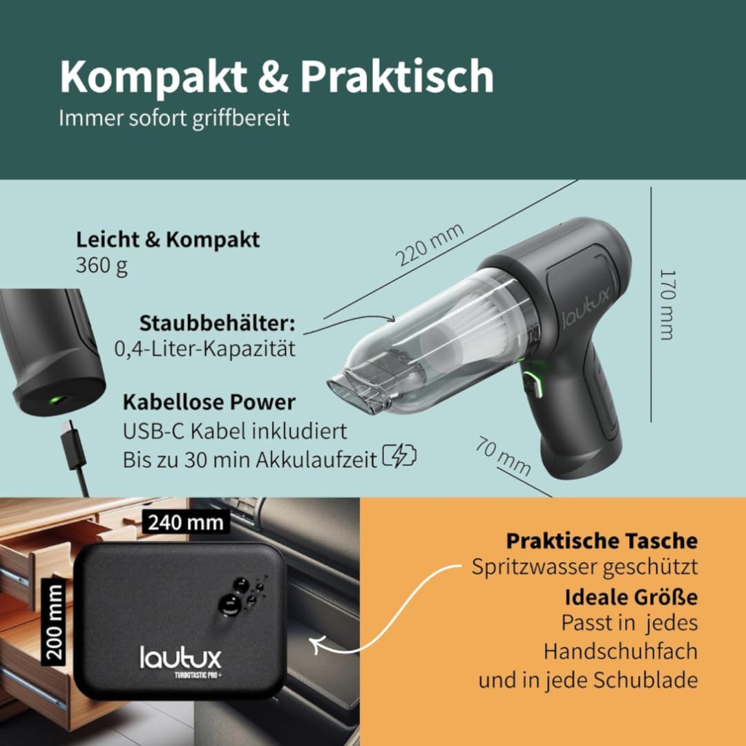 Turbotastic Pro 3in1 Handstaubsauger Standard Set: Leistungsstarker Sauger mit Power-Modus, Druckluft- und Vakuumfunktion, 2 Jahre Garantie inkl. Filter - Ideal für Haus, Garten und Auto