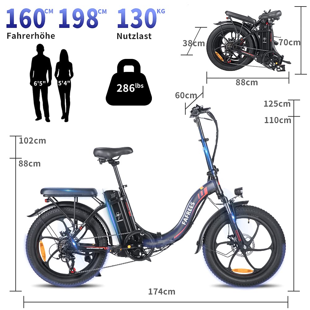 Fafrees F20 E-Bike Klapprad Elektrofahrrad 250W 36V 16AH Akku mit Superkapazität 20 Zoll Faltbares City Bike E-Mountainbike 20"*3.0 Fat Tire Tragfähigkeit 130kg (Schwarz Stil 2)