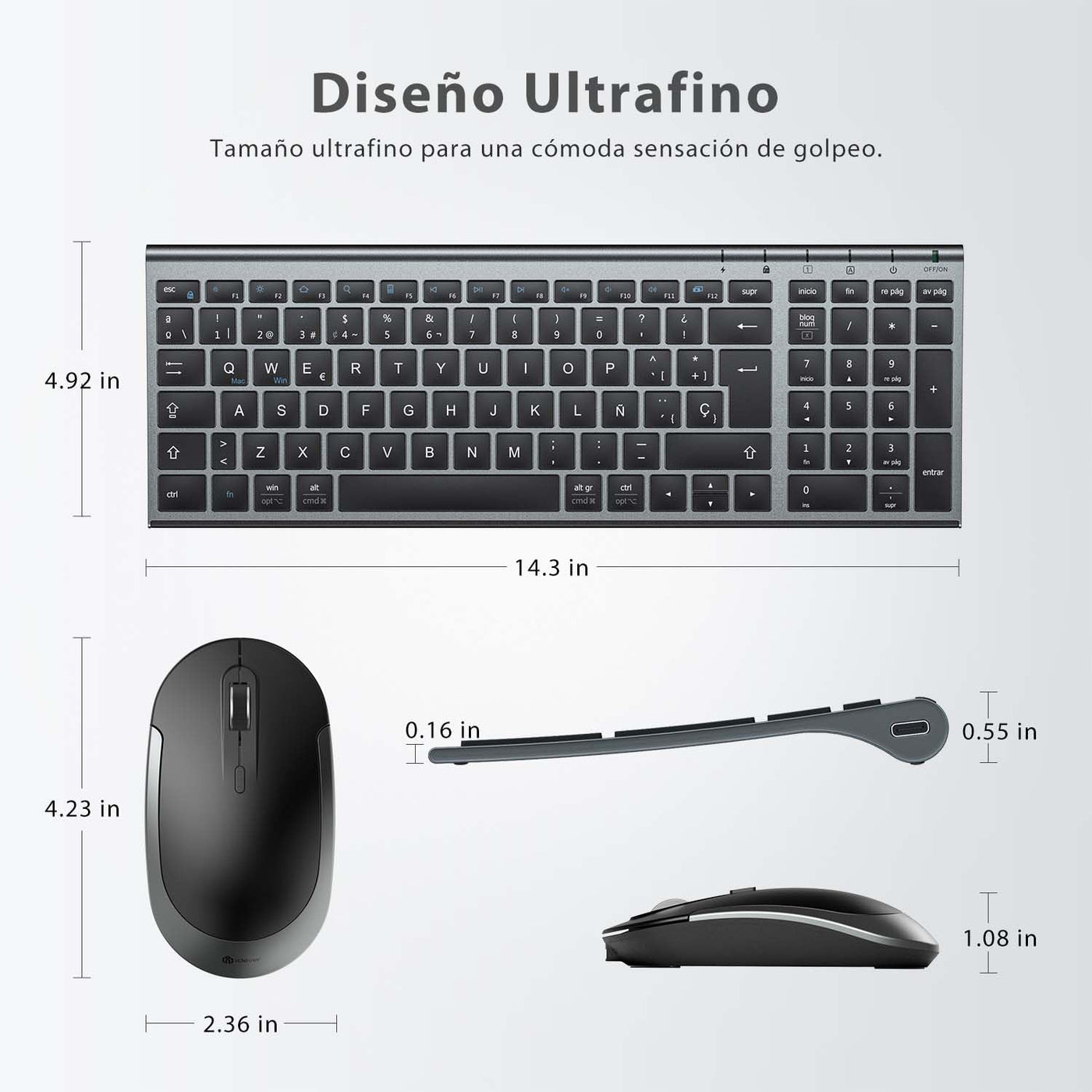 iClever Teclado y Ratón Inalámbrico GK03-QWERTY Español 2.4G Teclado Ratón Inalámbrico Con Batería Recargable, Diseño Ergonómico, Tamaño Compacto, Delgado y Fino, Conexión Estable