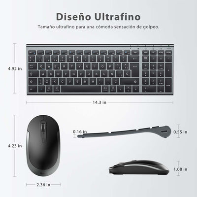 iClever Teclado y Ratón Inalámbrico GK03-QWERTY Español 2.4G Teclado Ratón Inalámbrico Con Batería Recargable, Diseño Ergonómico, Tamaño Compacto, Delgado y Fino, Conexión Estable
