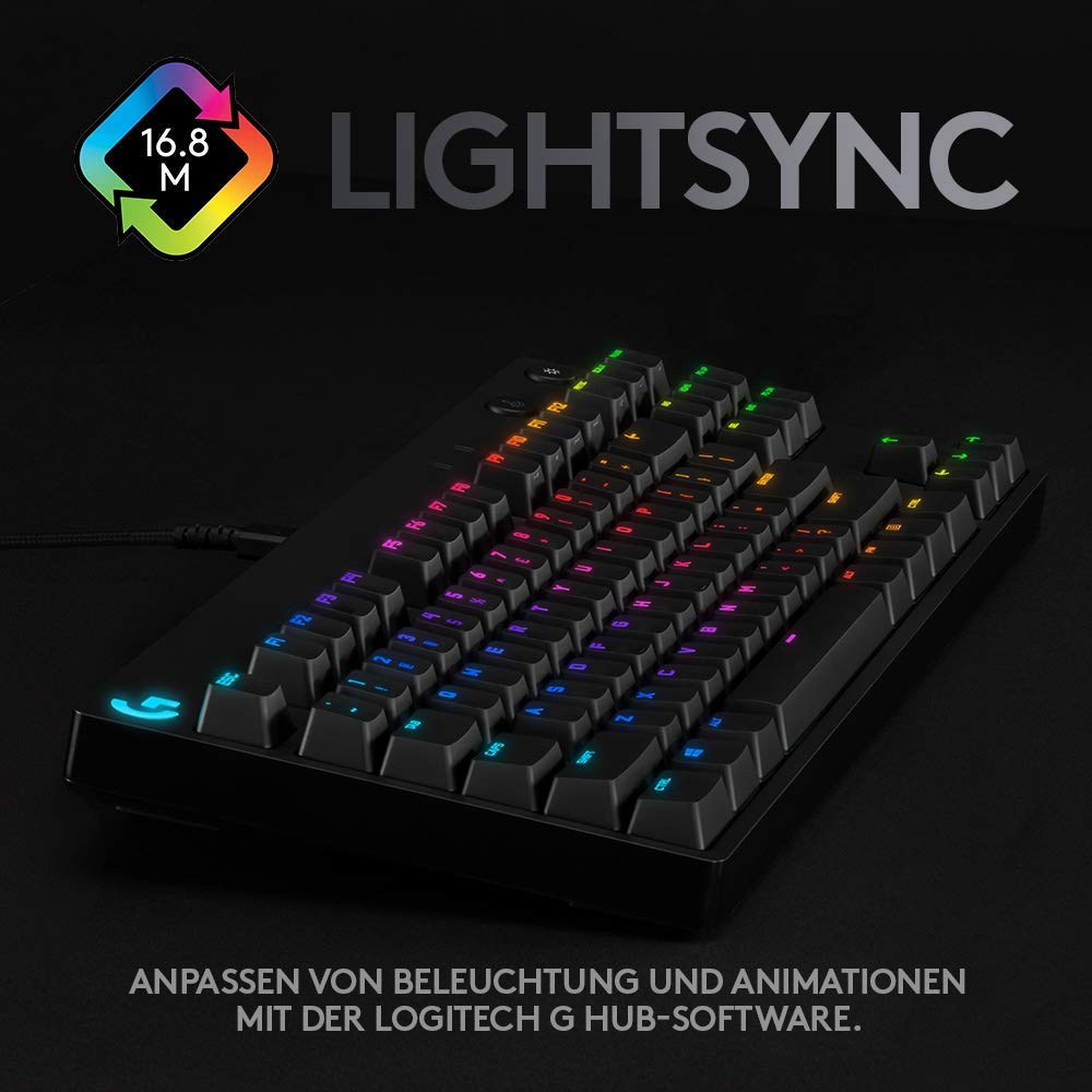 Logitech G PRO Mechanische Gaming-Tastatur – Portable Tenkeyless Design, abnehmbares Micro-USB-Kabel, GX Blue Clicky Switches, LIGHTSYNC RGB Backlit Keys, QWERTZ Deutsch, PC,Mac - Schwarz