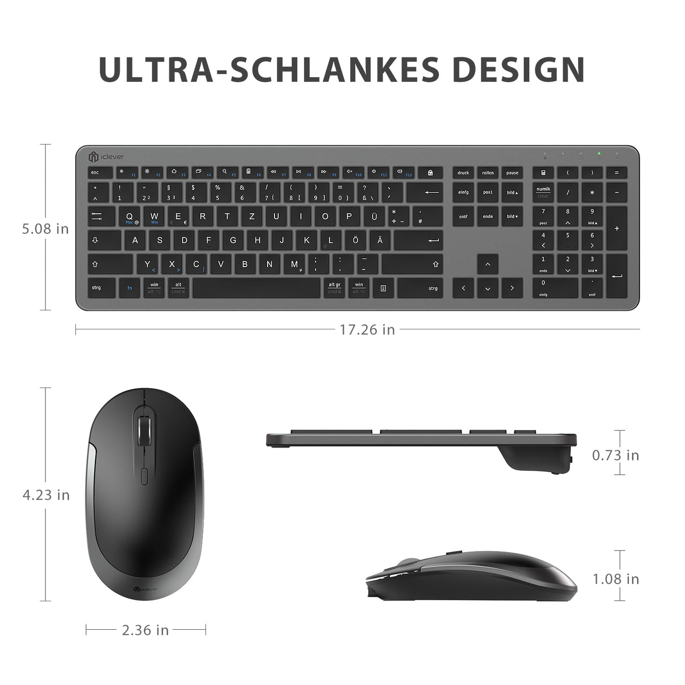 iClever GK08 Wireless Keyboard and Mouse - 2.4G Ultraslim Rechargeable Wireless Keyboard Mouse Set for PC, Desktop, Notebook, Laptop, Windows Mac OS, QWERTZ Layout, Black and Grey