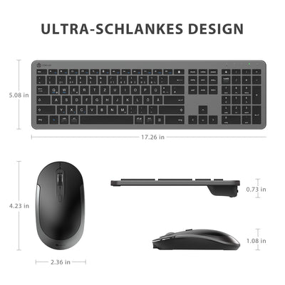 iClever GK08 Wireless Keyboard and Mouse - 2.4G Ultraslim Rechargeable Wireless Keyboard Mouse Set for PC, Desktop, Notebook, Laptop, Windows Mac OS, QWERTZ Layout, Black and Grey