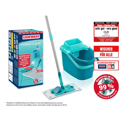 Leifheit Set POWER CLEAN, Wischer für Alle, rückenschonender Bodenwischer mit Reinigungsklingen, Wischtuchpresse zum Auswringen, Wischmopp Set mit Eimer,Wischmopp für alle Hartböden mit Click-System
