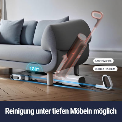 OSOTEK H200 Lite Wischsauger, 180° Flacher Saugwischer,3 in 1 kabelloser Nass Trockensauger mit Selbstreinigung,2 Seite Kantenreinigung, LED-Anzeige, Reinigung unter tiefen Möbeln