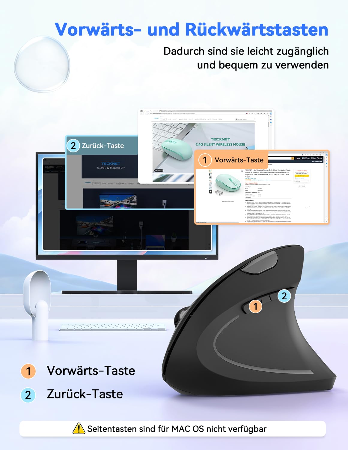 TECKNET Wireless Vertikale Ergonomische Maus, 4800 DPI 5 Tasten Kabellose Optische Maus, 2.4G USB Vertical Ergonomic Optical Mouse Kabellos für Windows und Mac OS