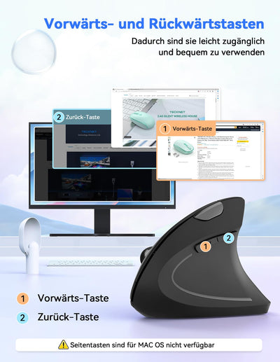 TECKNET Wireless Vertikale Ergonomische Maus, 4800 DPI 5 Tasten Kabellose Optische Maus, 2.4G USB Vertical Ergonomic Optical Mouse Kabellos für Windows und Mac OS