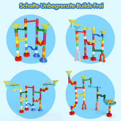 Murmelbahn Kinderspiel - 110PCS Mehrfarbige Kugelbahn Marble Run Set mit Spannende Bahnelementen und Glasmurmeln, kinderspiel Geschenk für Kinder Mädchen Jungen 3-12 Jahren