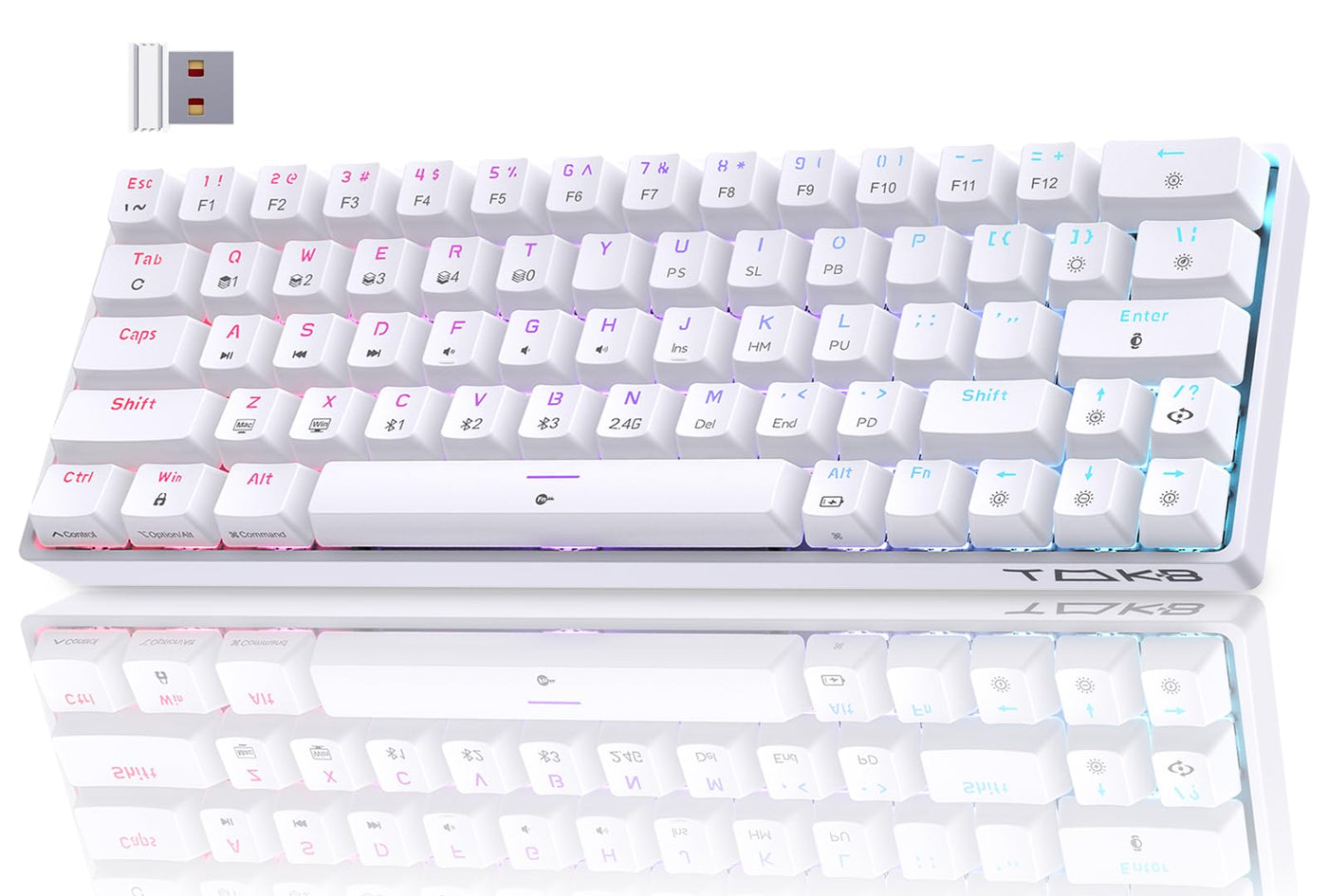 TMKB T63 Gaming Tastatur Mechanische Kabellos mit Red Switch,Bluetooth / 2.4G / Mit Kabel,RGB-Hintergrundbeleuchtung,weiße