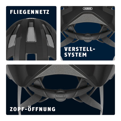 ABUS Rennradhelm Macator - sportiver Fahrradhelm für Einsteiger - auch für Zopfträger/-innen - für Damen und Herren - Schwarz Glänzend, Größe M
