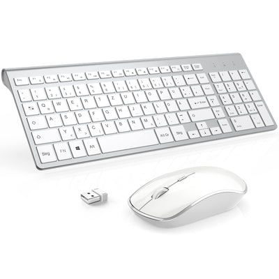 JOYACCESS J Tastatur Maus Set Kabellos, 2.4G Ultra Dünne Funktastatur mit Maus, Ergonomischer und Leise 2400DPI Optische Maus für PC/Laptop/Smart TV(QWERTZ, Deutsches Layout) - Schwarz und Grau