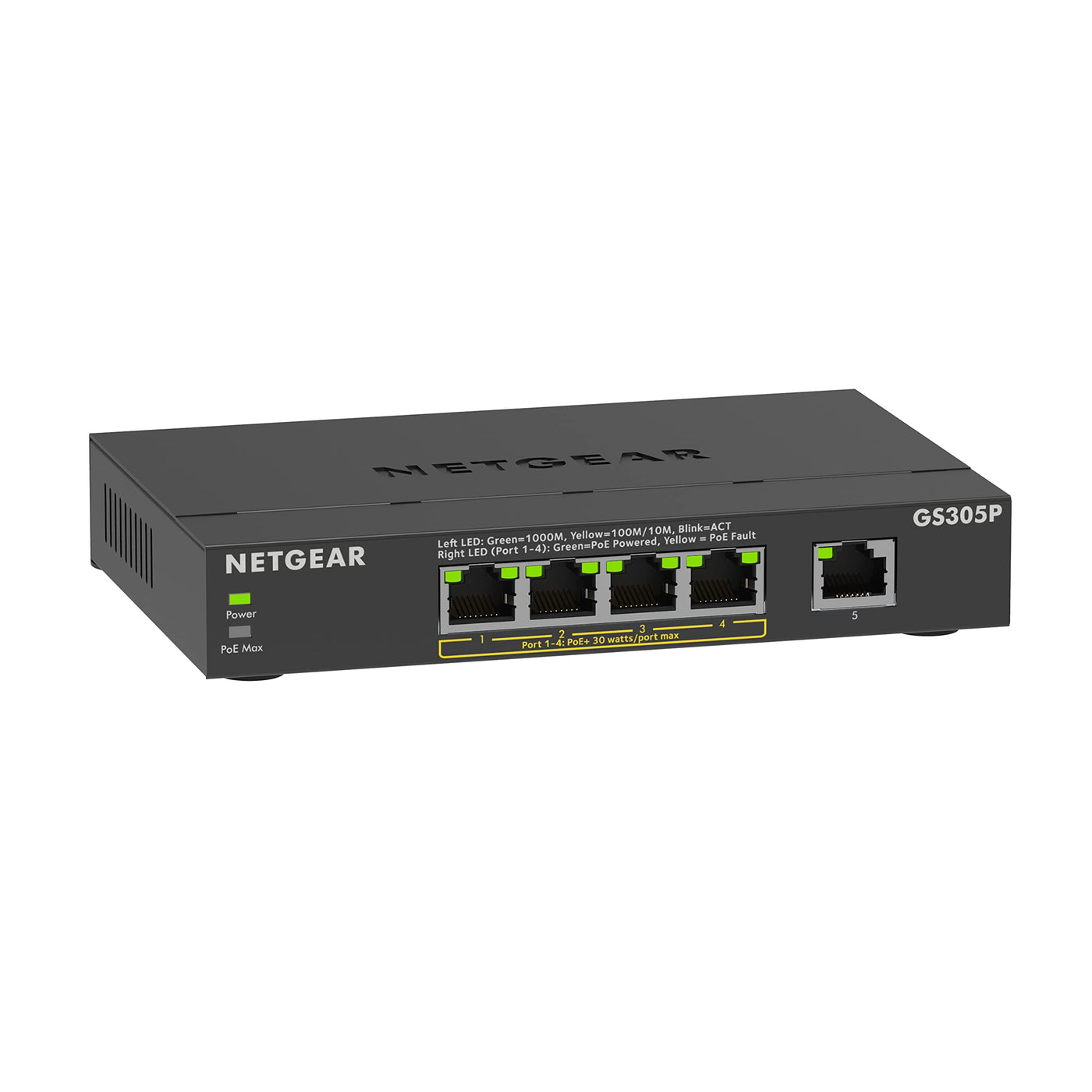 NETGEAR 5-Port Gigabit Ethernet Unmanaged PoE+ Switch (GS305P): mit 4 PoE+ bei 63 W, Desktop- oder Wandbefestigung
