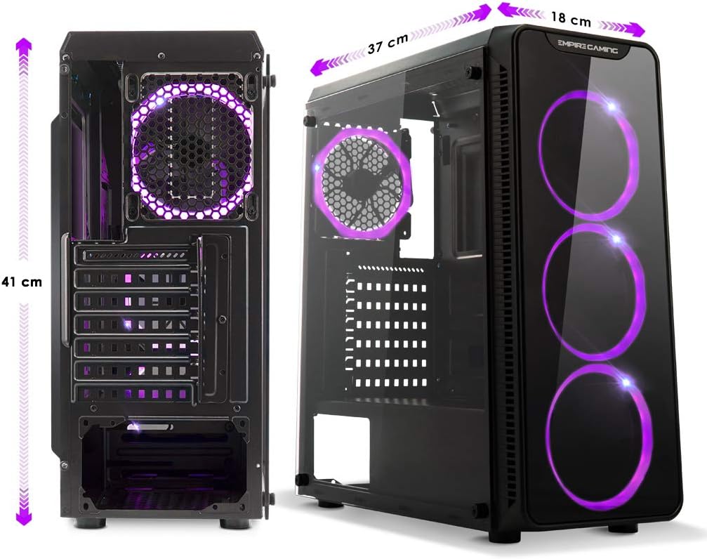 EMPIRE GAMING Warmachine - Gamer-PC-Gehäuse – Mittelgroßer Gehäuseturm ATX - 4 geräuschlose Lüfter - LED-RGB-Dual-Ring: Rückbeleuchtung mit 11 Modi - Front und Seite aus vorgespanntem Glas