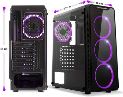 EMPIRE GAMING Warmachine - Gamer-PC-Gehäuse – Mittelgroßer Gehäuseturm ATX - 4 geräuschlose Lüfter - LED-RGB-Dual-Ring: Rückbeleuchtung mit 11 Modi - Front und Seite aus vorgespanntem Glas