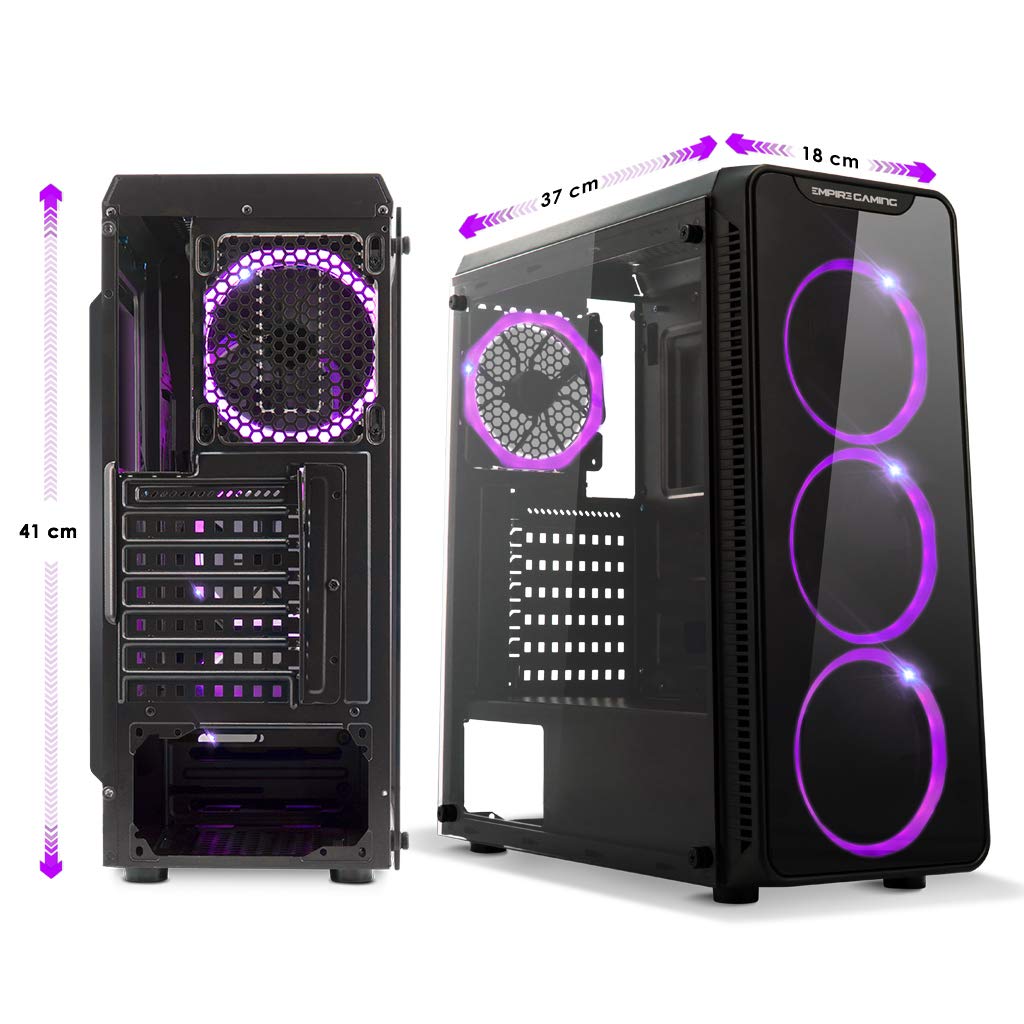 EMPIRE GAMING Warmachine - Gamer-PC-Gehäuse – Mittelgroßer Gehäuseturm ATX - 4 geräuschlose Lüfter - LED-RGB-Dual-Ring: Rückbeleuchtung mit 11 Modi - Front und Seite aus vorgespanntem Glas