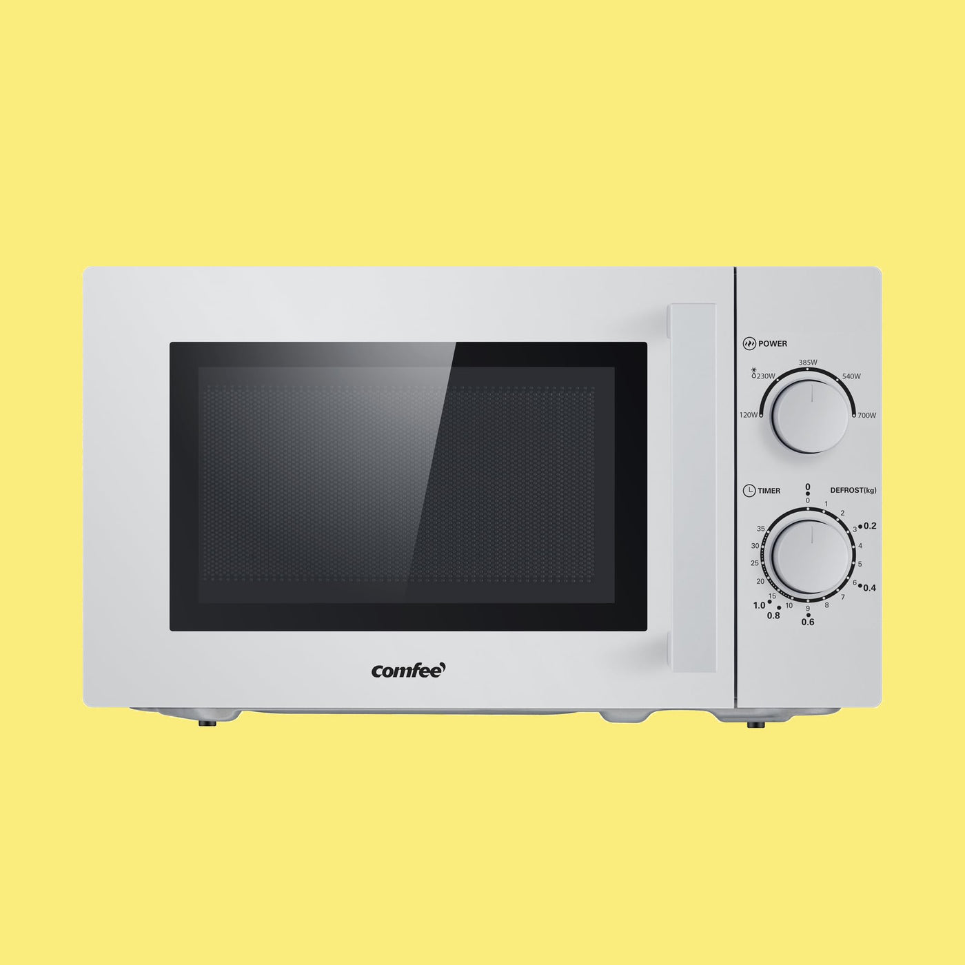 Comfee CMSN 20 si Mikrowelle / Solo-Mikrowelle mit 5 Leistungsstufen/ Innenbeleuchtung/ easy Defrost/360°Drehteller / Zwei Drehregler/20L/700W/ Silber