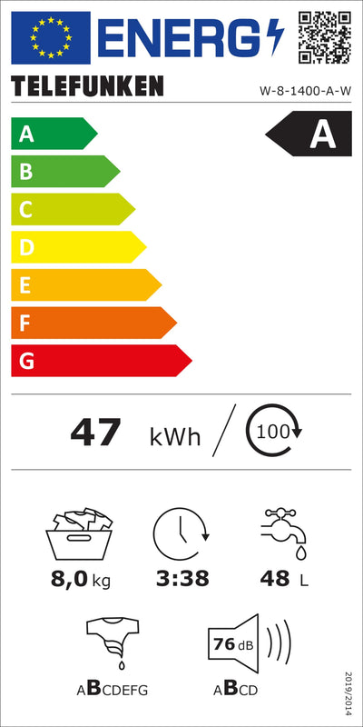 Telefunken Waschmaschine 8kg | 1400 U/Min. | Inverter Motor - Leise & Effizient | AquaStop - Schutz vor Wasserschäden | Schontrommel | Washing Machine mit 15 Programmen | EEK A | W-8-1400-A-W weiß