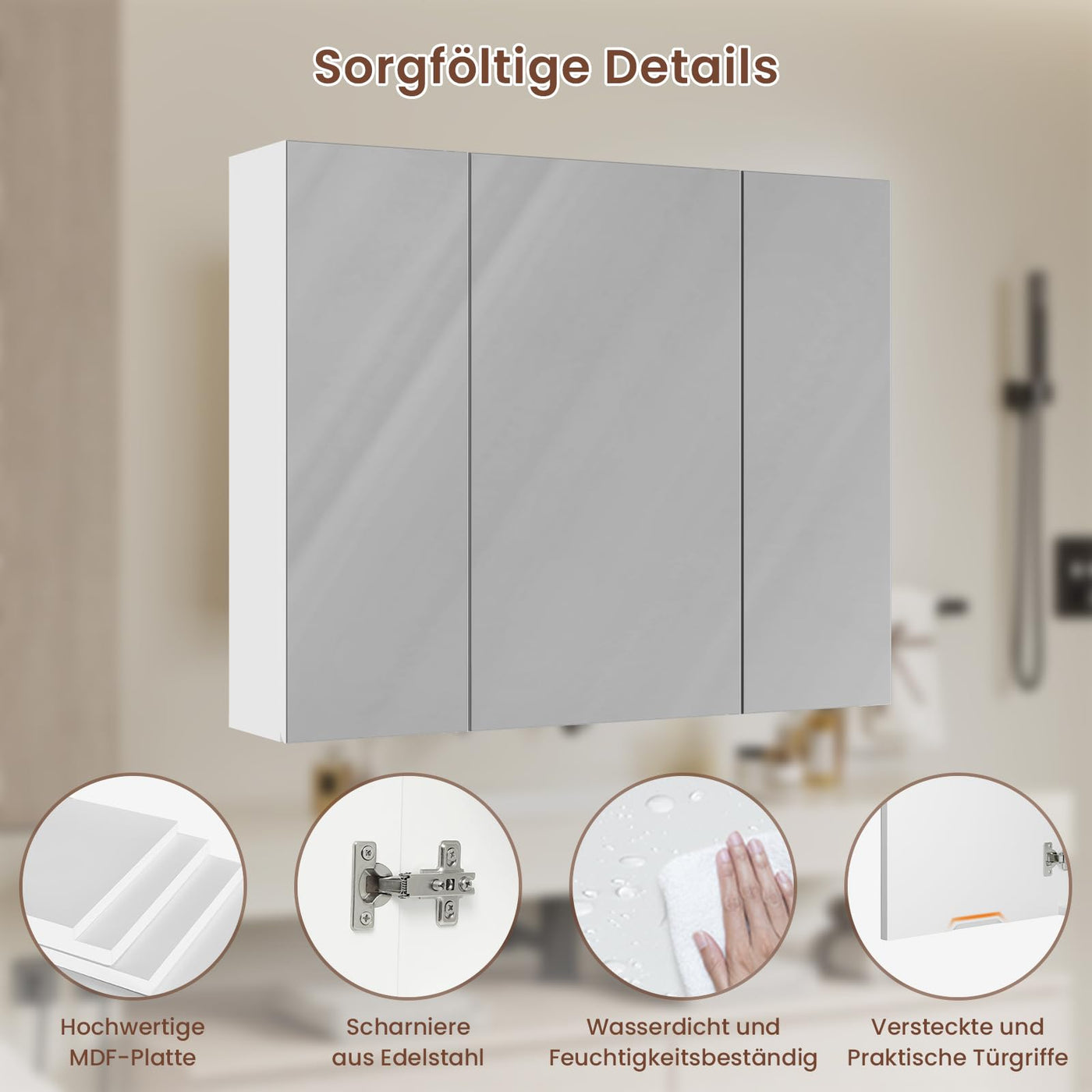 DICTAC Spiegelschrank Bad 70x60x16cm Badschrank mit Spiegel und Verstellbarem Regal Aufbewahrungs Bad Schrank 3 Türen Wandschrank mit Spiegel Medizinschrank Hängeschrank für Badezimmer,Weiß