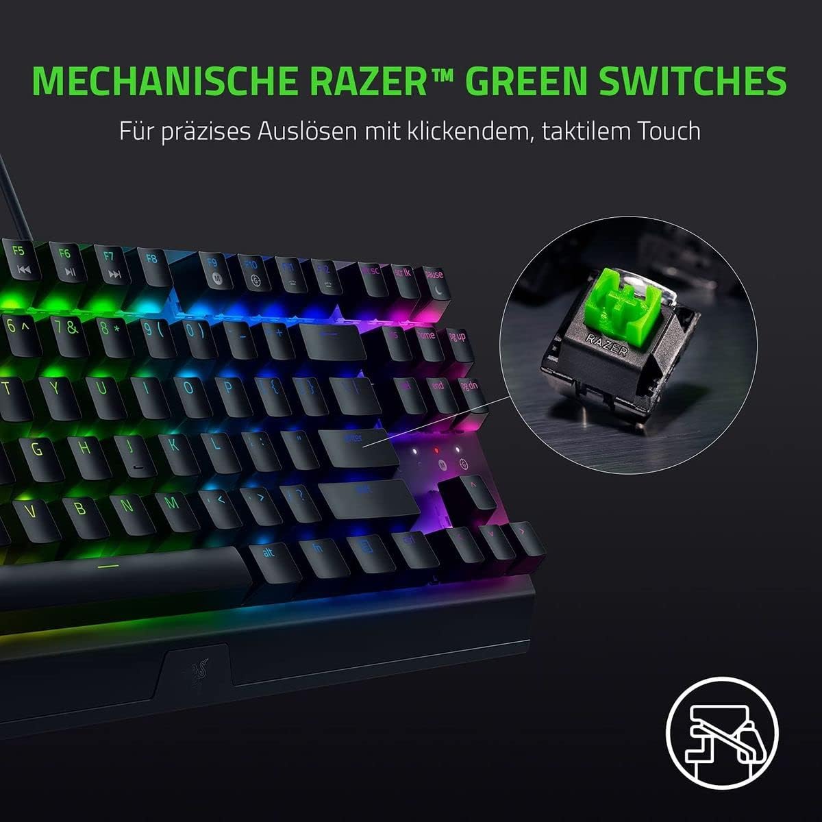 Razer BlackWidow V3 Tenkeyless (Green Switch) - Mechanische Gaming-Tastatur ohne Ziffernblock (Klickende Mechanische Switches, Kompakt, Voll Programmierbare Tasten) QWERTZ DE-Layout | Schwarz