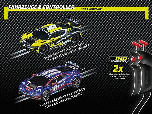 Carrera - 20062563 - Go I GT Super Challenge I Detailgetreue Audi R8 LMS GT3 evo II und Lamborghini Huracán GT3 im Maßstab 1:43 I Actiongeladener Rennspaß mit Rundenzähler und herausfordernder Strecke