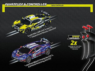 Carrera - 20062563 - Go I GT Super Challenge I Detailgetreue Audi R8 LMS GT3 evo II und Lamborghini Huracán GT3 im Maßstab 1:43 I Actiongeladener Rennspaß mit Rundenzähler und herausfordernder Strecke
