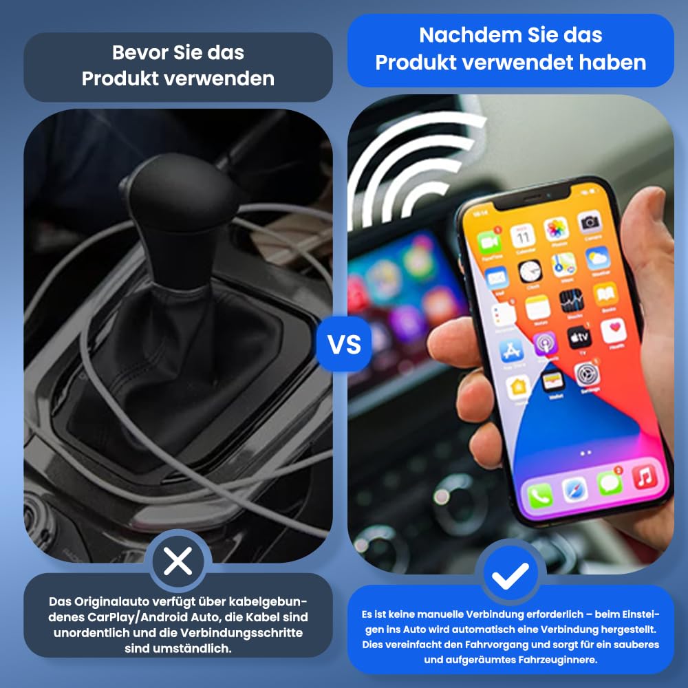 Carlinkit 2025 Wireless CarPlay & Android Auto Adapter, Upgrade Wired Connection to Wireless, Plug & Play mit USB-A/Type-C, funktioniert mit iPhone iOS 10+ & Android 11.0+